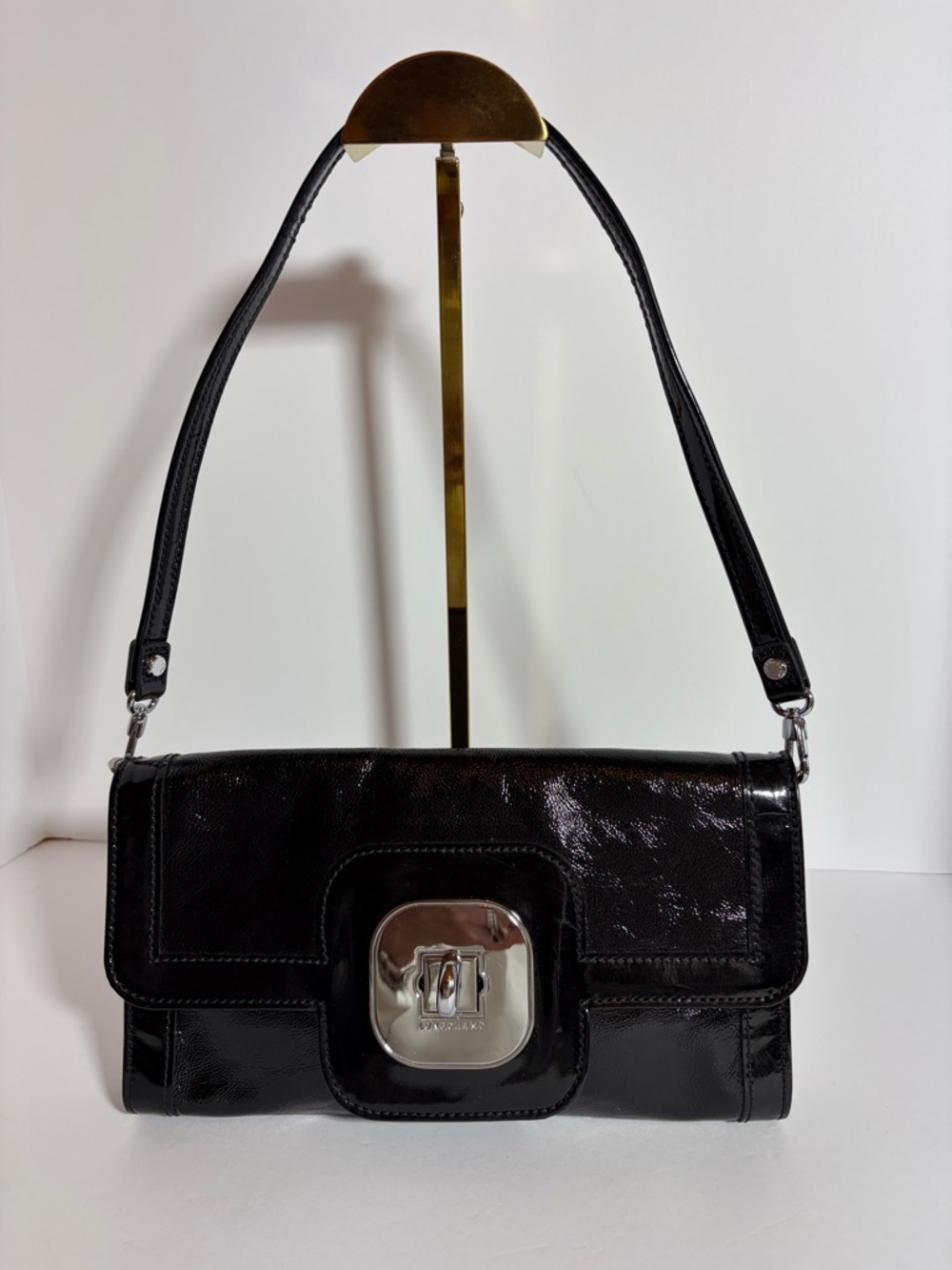Longchamp Black Patent Shoulder Bag with Silver Hardware